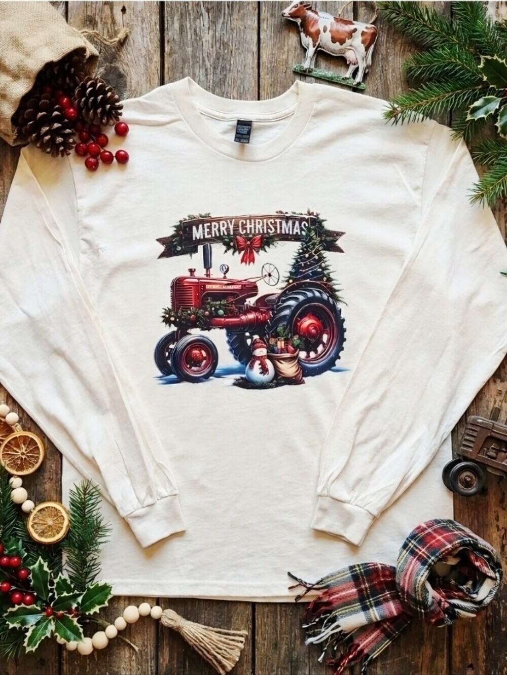 Merry Christmas Tractor Long Sleeve Shirt | Vintage Farmhouse Holiday Tee |